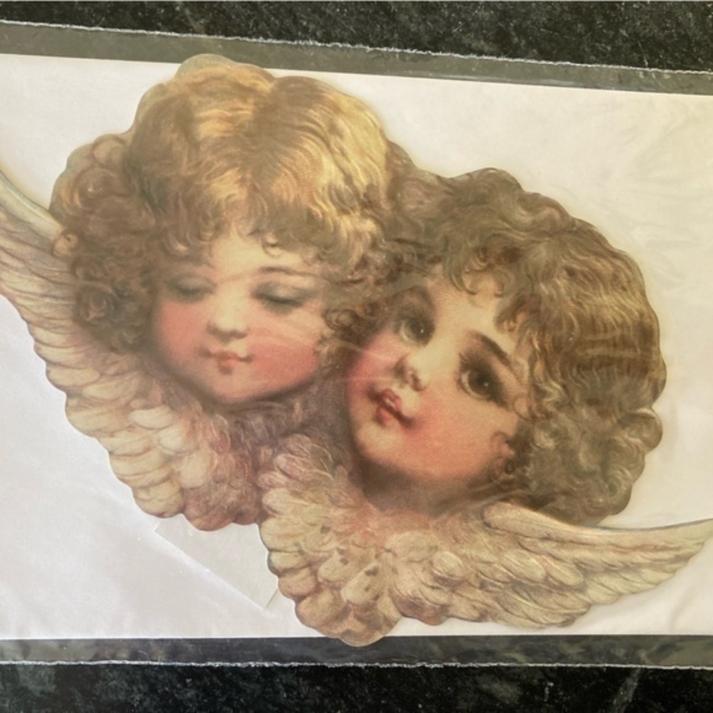 Shackman Old Fashioned Die Cut 2 Large Angel Heads Card NIP Victorian style
